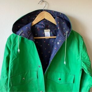 Vintage Green Vinyl Rain Jacket with Strawberry Lining Sz S